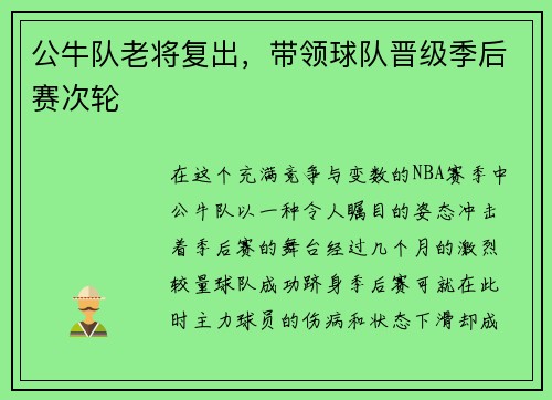 公牛队老将复出，带领球队晋级季后赛次轮